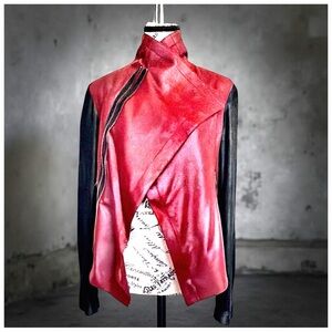 SW3 Asymmetric Draped Leather Jacket | Red & Black | Size Small